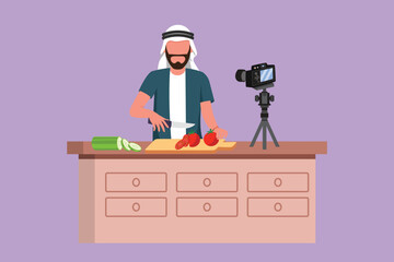 Character flat drawing young Arabian chef standing in kitchen and cutting onion while filming himself for blog channel. On kitchen counter are vegetables and spices. Cartoon design vector illustration