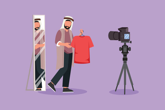 Character flat drawing Arab man blogger records video tips for choosing clothes, shows trending clothing models to subscribers. Marketing campaign in social media. Cartoon design vector illustration