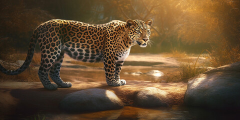Portrait of a jaguar or leopard in the wild, close-up. Generative AI