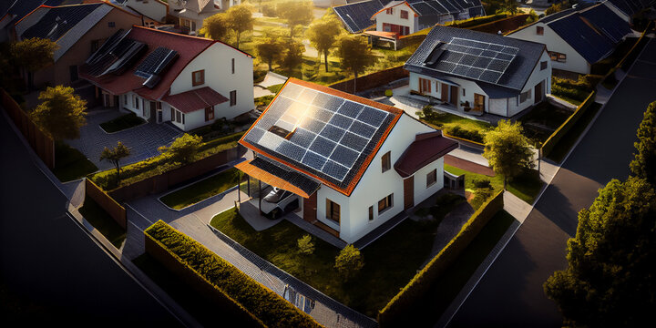 Solar panels on the roofs of all houses in the cottage town or village. Generative AI