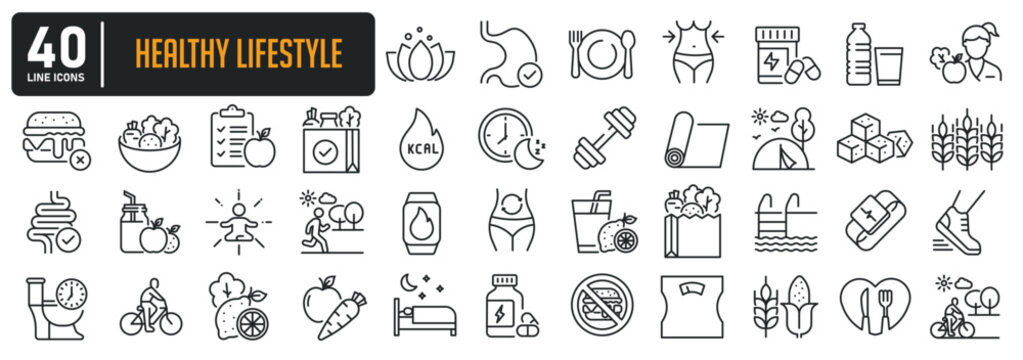 Healthy lifestyle thin line icons. Editable stroke. For website marketing design, logo, app, template, ui, etc. Vector illustration.