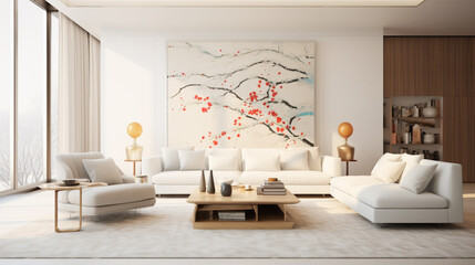 A contemporary Chinese living room with minimalist furniture, white walls, and a large abstract painting.
