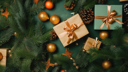 Christmas composition. Gifts, balls and fir tree