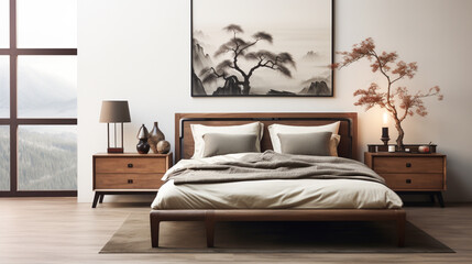 Chinese-style interior design of a bedroom with a teak wood bed frame, a Chinese landscape painting, and a bamboo dresser.