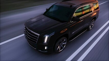 big black luxury car on highway. Very fast driving.