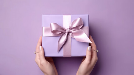 Female hands holding a purple gift box with a bow.