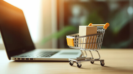 Model shopping cart and laptop keyboard on wood table