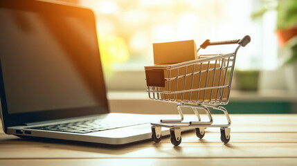 Model shopping cart and laptop keyboard on wood table