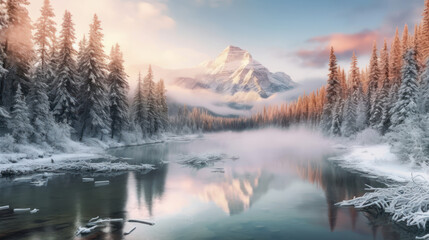 Fototapeta na wymiar Winter forest reflected in water.