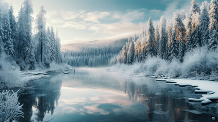 Winter forest reflected in water.