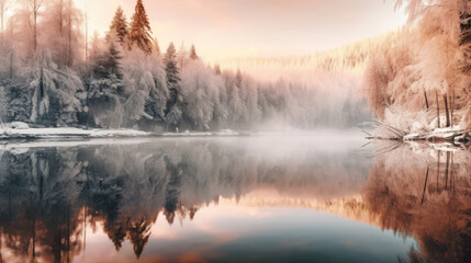 Winter forest reflected in water.