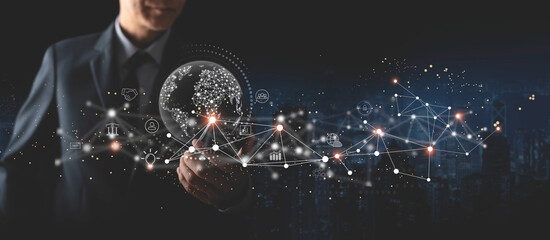 Global business, digital marketing, internet network technology background. Businessman using...