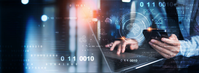 AI Artificial Intelligence, innovative technology. Businessman working on digital tablet with...
