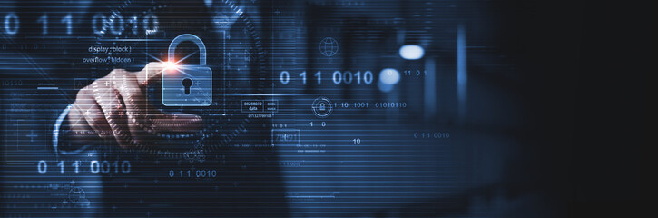 Cyber security technology and data protection, computer crime concept. Businessman touching on virtual digital padlock to access business data with computer code, cybersecurity network