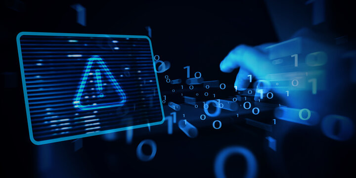 System hacked warning alert on laptop computer. Cyber attack on computer network, virus, spyware, malware or malicious software. Cyber security and cybercrime concept. System security technology