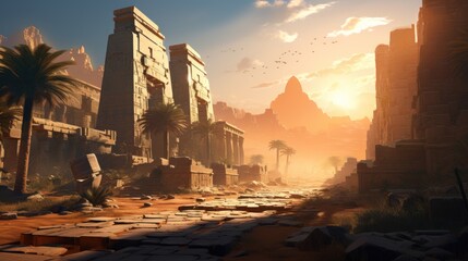 Ancient city buried deep within a desert or underwater realm. Depict its crumbling architecture, intricate statues, and the sense of wonder and mystery that surrounds this forgotten civilization