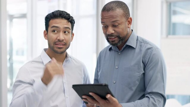 Meeting, tablet and business men in discussion for online project, schedule and web research. Teamwork, collaboration and male worker with manager on digital tech for planning, ideas and strategy