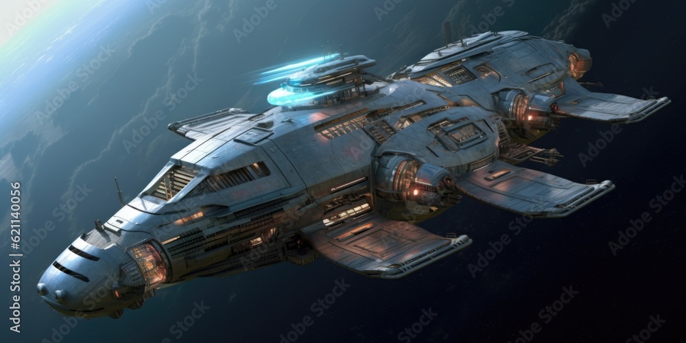 Poster the advanced and futuristic exploratory science carrier spaceship. generative ai aig27.