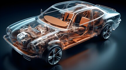 Transparent car engine seen from outside of car. car made of transparent material and engine transparently seen from outside modern car model. ai generative