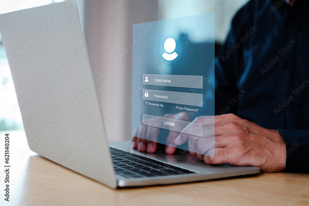 Poster businessman use laptop login username and password identity or sign up register concepts of cyber se