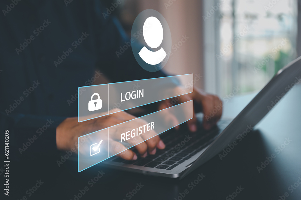 Poster businessman use laptop login username and password identity or sign up register concepts of cyber se
