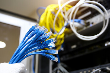 Close-up lots of RJ45 UTP Cat6 LAN internet network cable fiber optic and Lots of Ethernet cables...