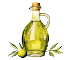 Watercolor illustration of olive oil with olives and branches isolated on transparent background