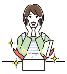 サプライズ　プレゼントの箱を開け喜ぶ女性