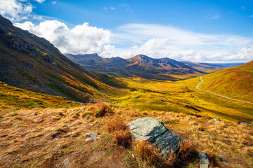 Hatcher Pass scenic drive in Talkeetna Mountains, Alaska in fall season.