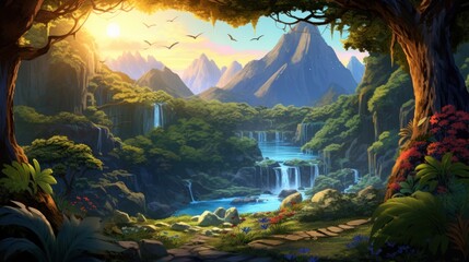 Fototapeta na wymiar A beautiful and mysterious land hiding its secrets game art