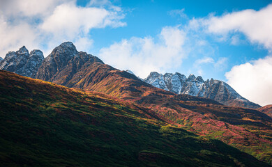 View of mountain peak from highway near Valdez in Alaska, USA.