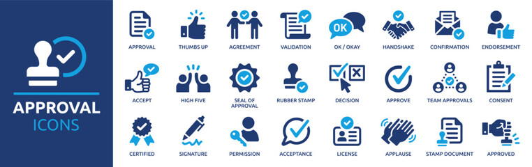 Approval icon set. Containing accept, certified, thumps up, agreement, approve, validation, seal approved, confirmation and decision icons. Solid icon set. Vector illustration. - obrazy, fototapety, plakaty