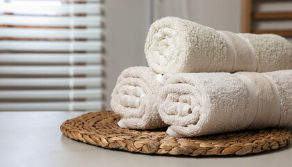 Rolled bath towels on wicker table in bathroom. Space for text