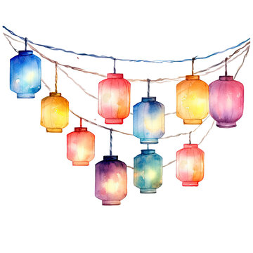 a string of shimmering lantern lights in watercolor style isolated on a transparent background, generative ai