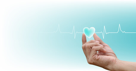 Healthcare concept. heart-shaped on hand with the heartbeat line pulse rhythm icon on blue, white...