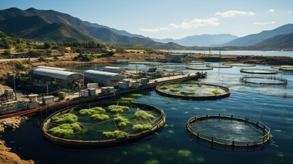a fish farm with nets and tanks of fish