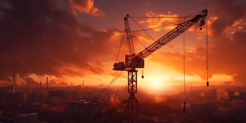 onstruction site including many cranes working in a building with blue sky and sun, top view using cranes working