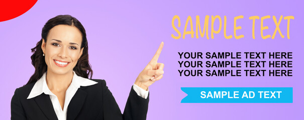 Ad photo - happy smile woman wear confident suit, showing aside pointing finger advertise. Business concept. Executive businesswoman on violet purple background.  Sample text sign