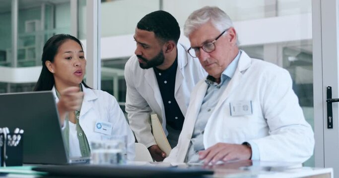 Team, meeting and doctors with a laptop, planning and discussion with healthcare innovation, ideas and online research. Staff, group and coworkers with a pc, conversation and medical with teamwork