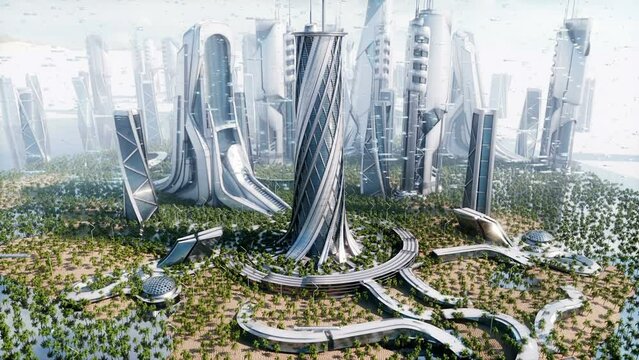 Futuristic city day. Sci fi architecture and buildings. Future concept. Realistic 4k animation.