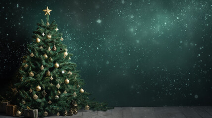 Christmas tree and snow background with copyspace. Christmas background concept.