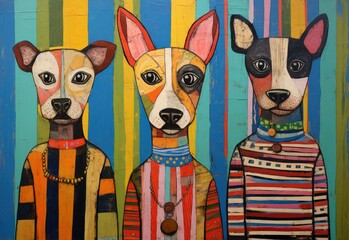 Three dogs dress as rap singers painting with colorful stripes - obrazy, fototapety, plakaty