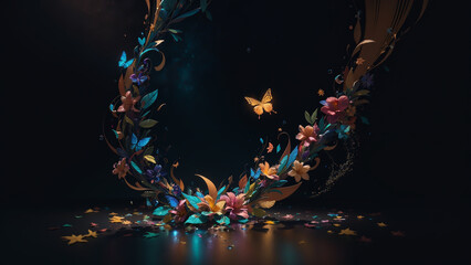 Beautifully arranged flowers and leaves create a stunning display graceful presence of butterflies in flight against a dramatic black background.