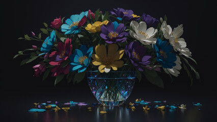 Colorful flowers forth from a glass vase their vibrant petals casting playful shadows against the dark backdrop.