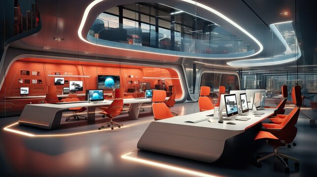 An image of a futuristic, collaborative workspace, with a high-end design and beautiful view. Generative AI.