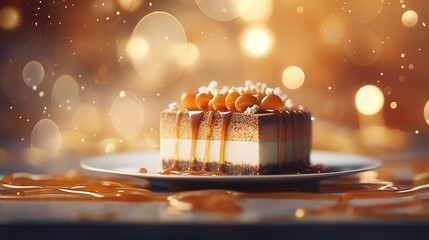 Сaramel cheesecake, with its creamy, velvety texture and luscious caramel drizzle. Generative AI
