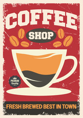 Coffee shop retro tin sign, cafe bar interior decoration or promotional poster vector template