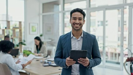 Businessman, tablet and meeting in project management, leadership or online research at office. Portrait of happy asian man, employee or team manager on technology for group strategy or career goals - Powered by Adobe