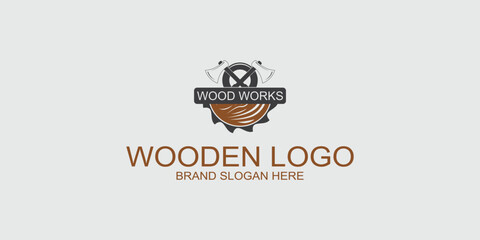 Obraz premium Wooden logo design with creative abstract concept Premium Vector