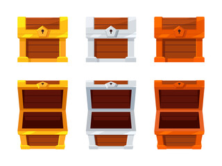 Open mystery wooden chest. Gold Silver Bronze Treasure on white background. Random a secret loot box concept. Vector illustration cartoon flat design.
